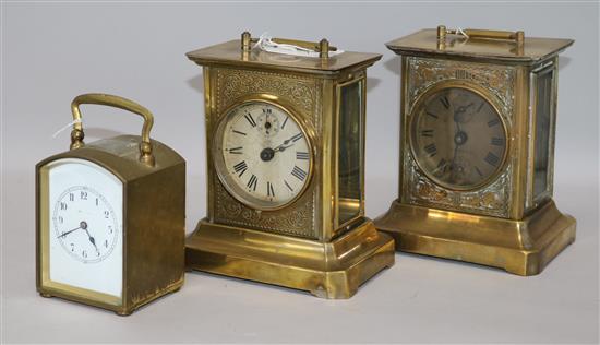 Three French brass carriage clocks, H 10.5cm